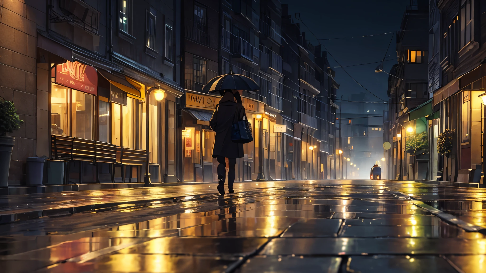 A lofi scene of a person walking down an empty city street at night. The street is lit by vintage street lamps, reflecting on the wet pavement. The buildings are old and charming, with small warm lights shining in some of the windows. The atmosphere is peaceful, with a light mist in the air and a feeling of solitude and tranquility