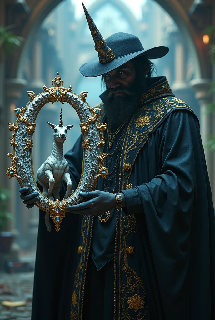 Create a sinister-looking magician in the style of witchcraft, next to him is the letter "O" adorned with diamonds. , gems and precious jewels with a Harry Potter wizard theme, very striking and its style is very elaborate, next to it there is a unicorn of peculiar appearance ,Intimidating but at the same time fascinating, the background is a fantastic place. The text is perfectly visible "OMEY" In the image. art style , finished luxury premiere , 8 k plus , Reality Max. all very well detailed