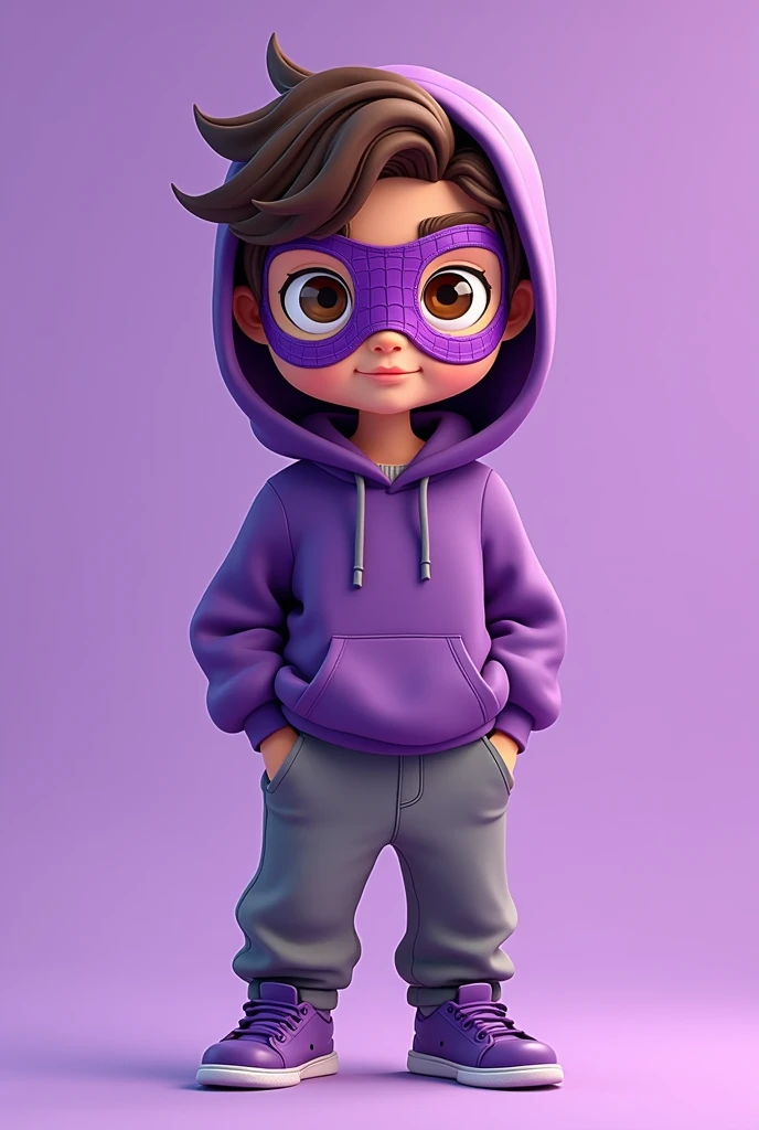 a male cartoon character with brown eyes, loose gray pants and a purple hoodie, with a purple Spiderman mask, with purple shoes and a solid purple background