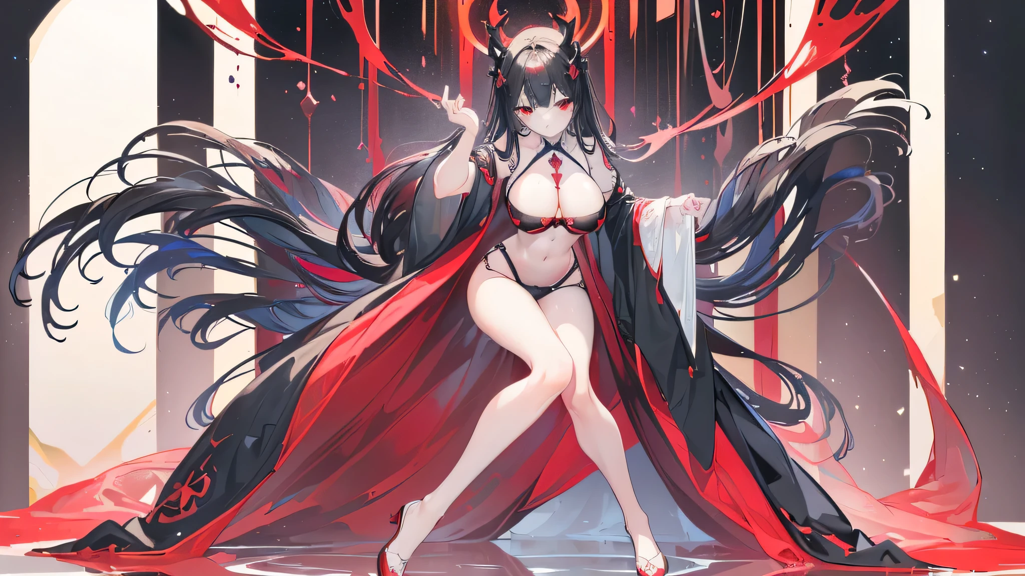 Exquisite eyes),(Clear and beautiful eyes:1.61),masterpiece, ung girl,(Black clothes and some red gems), Black long hair, (She has a huge red gem on her chest), Good Hand,((The Havoc of StarCraft)),full-body shot,Fighting Stance,(Red Eyes:1.466),short and small,(Very big breasts:1.35),(Pretty Face),(full-body shot:1.33),Beautiful hands