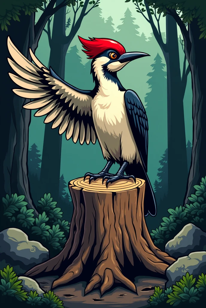A cartoon illustration of a woodpecker, perched on a tree stump with its wings spread, with an aggressive visual, to be used as a vest patch for a forestry engineering athletic team. Put trees in the background and make an illustration in darker tones. The illustration must contain the writing "Forestry" above the woodpecker, and the writing "10 years of History" below the woodpecker