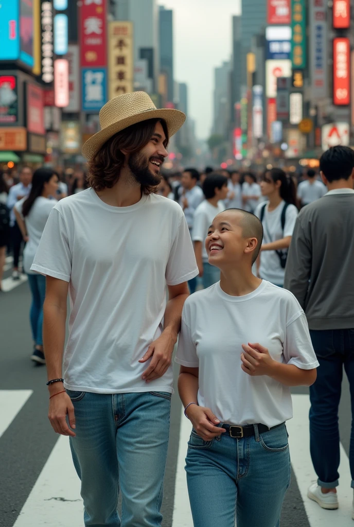 View from above. Jesus Christ and Buddha walking across Shibuya Scramble Crossing. They look smart and smart and have fun and laugh. Their faces convey deep wisdom and empathy, exuding warmth and understanding. They are wearing white T-shirts, jeans and straw hats. Jesus of Nazareth is depicted as a gentle, gentle man with shoulder-length hair. His wavy brown hair flows over his shoulders. The smile of the Japanese man next to her shows deep wisdom and empathy, and he is depicted as a kind-hearted Japanese man with a Buddha-like shaved head and a gentle, cheerful expression. they are shining. At the intersection, the neon lights of the buildings where many Japanese people come and go are shining. Photography, highly detailed, trending at the art station, sharp focus, studio shot, intricate details, Greg Rutkowski,