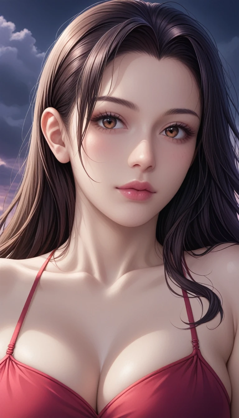 score_9, score_8_superior, score_7_superior, High-resolution CG illustration,A masterpiece in 32K resolution,Highest quality,it is really amazing,Very detailed,Ultra-high resolution,Ultra-realistic,Realistic,Increased depth of field,Cinematic lighting,
Sexy mature Japan woman,
Straight long hair with black hair,Ultra-detailed and beautiful face,Calm and gentle look,Beautiful brown eyes,Translucent white skin,Realistic skin texture,Great proportions,
Elegant red swimsuit,
Simple design,Chic color scheme based on red,Detailed fabric texture,
(Dark overcast sky on a dull night:1.1),(Dark clouds filling the sky:1.1),Thundercloud,Coastline at night,Stormy seas,delay々A desolate sandy beach that continues,
Lying on the sandy beach,High angle,