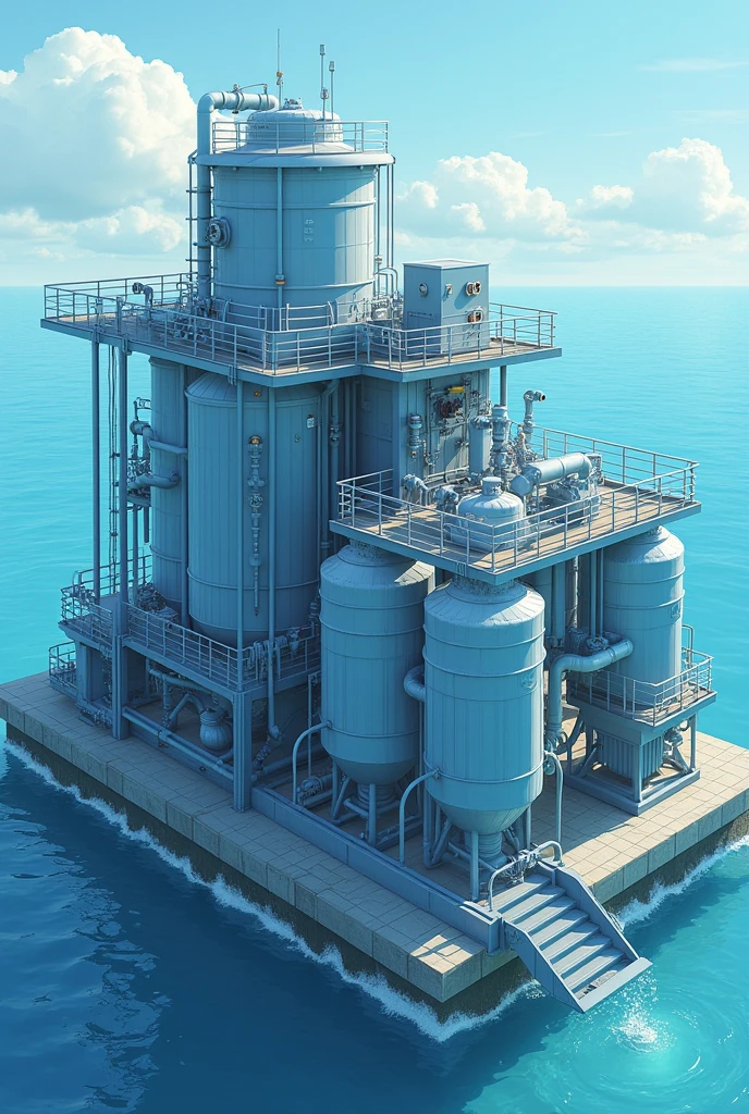 Show a machine desilation that is place in sea, water machine desilation that shows how water filtration work for some reason, it is going to be a drinkable water from sea water that is more safer here's a key features  and be more accurate

Pre-Filtration: Sediment and carbon filters.
2. RO Membrane: Central component.
3. High-Pressure Pump: For pressurizing water.
4. Post-Filtration: Final purification filters.
5. Storage Tank: Holds purified water.
6. Brine Outlet: Disposes of waste brine.
7. Control System: For monitoring and management. 
8. Energy Recovery (for large units): Recovers energy from brine.
9. Optional Features: UV sterilization and mineralization. 