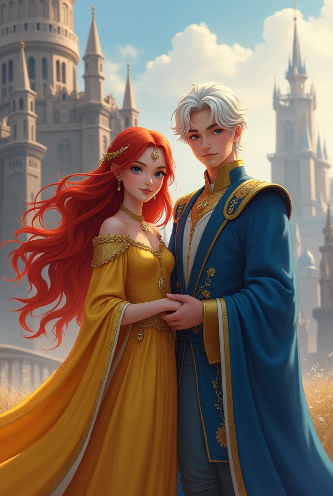 A couple. A queen with red hair wearing a yellow dress., and he is a king with big white hair dressed in blue. The couple are young, 22 years old. Behind them, KINGDOMS 
