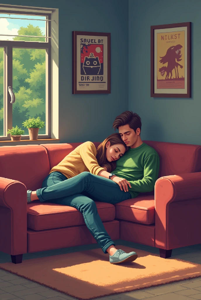 A pixel art style image of a room with panoramic views, featuring two sofas, a brown rug, and white flooring., grey walls and game posters, with a young man in a green shirt lying on the couch and a woman lying with her head resting on the young man's leg