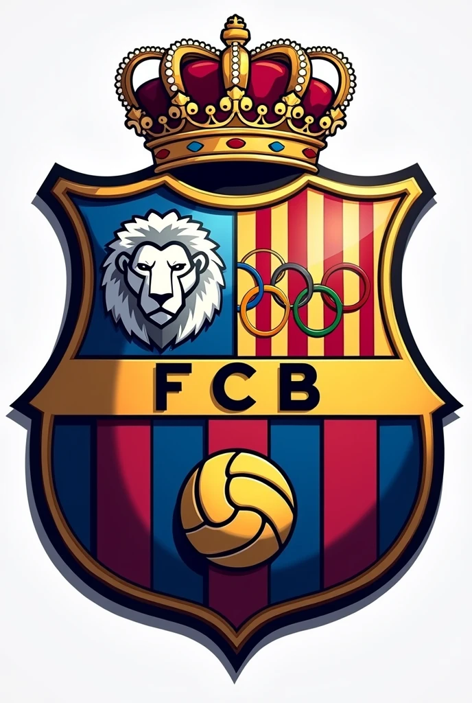 I want a shield for a club, the shape of the shield to be the same as Barcelona but in white and blue with the following designs
I want a lion, the Olympic rings, a ball, and a crown, and above the crown I want the name F.c. NORcHIcHAS que sea color negro y blanco los anillos que sean de colores y encima de corona que lleve el nombre F.c. NORcHIcHAS