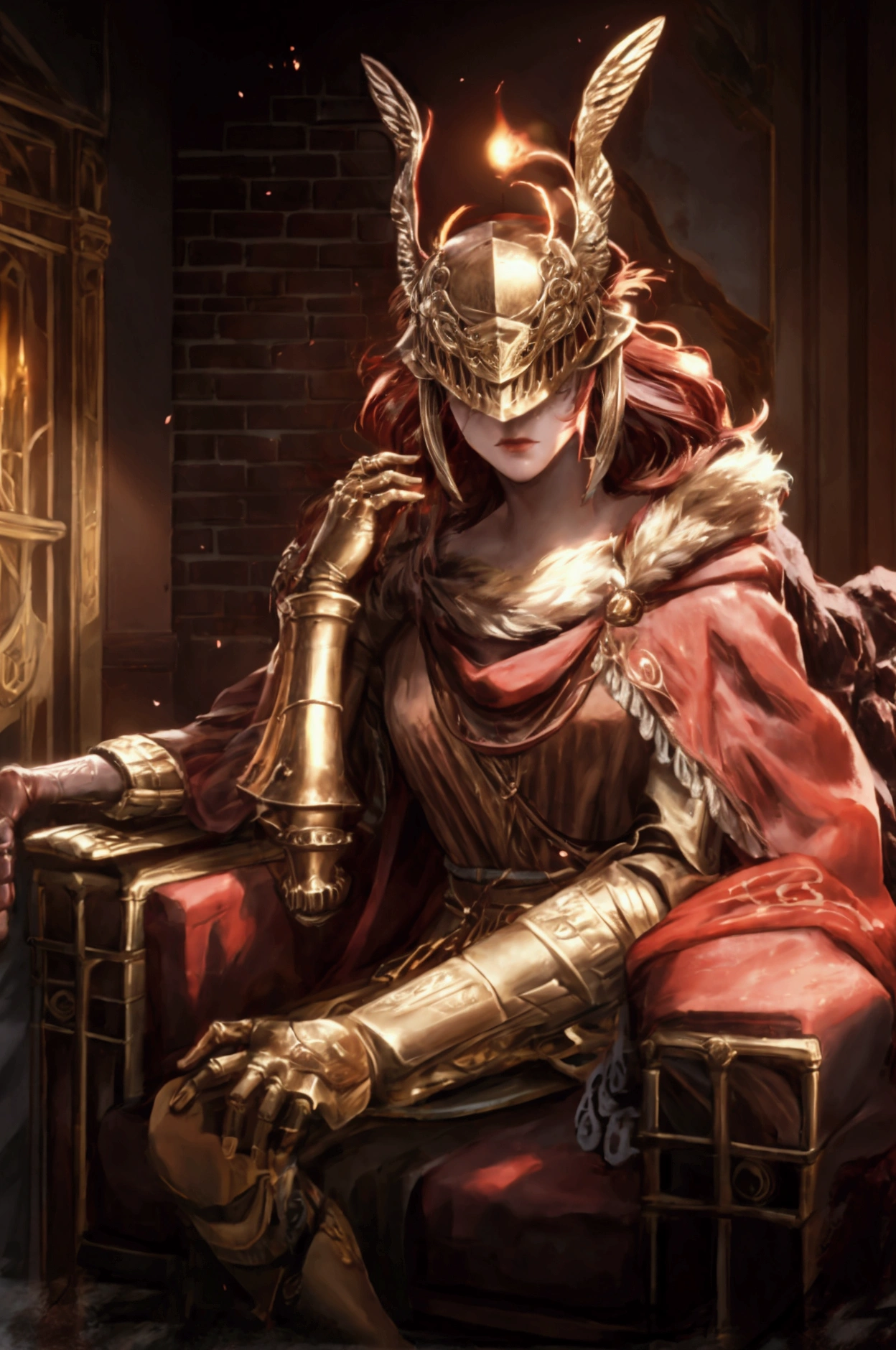 wide shot,score_9, score_7_up, lap pillow, lying, sitting, sofa,
Malenia, cursed_left_arm
winged helmet
red cape
malenia_blade
covered eyesarmor, cape, winged helmet, brown dress, red hair, covered eyes, helmet, fur trim, brown dress, red cape, armor, single scar on arm, single mechanical arm, LetMeSoloHer, pot helmet, topless male, 1boy, covered face,dw01-3400