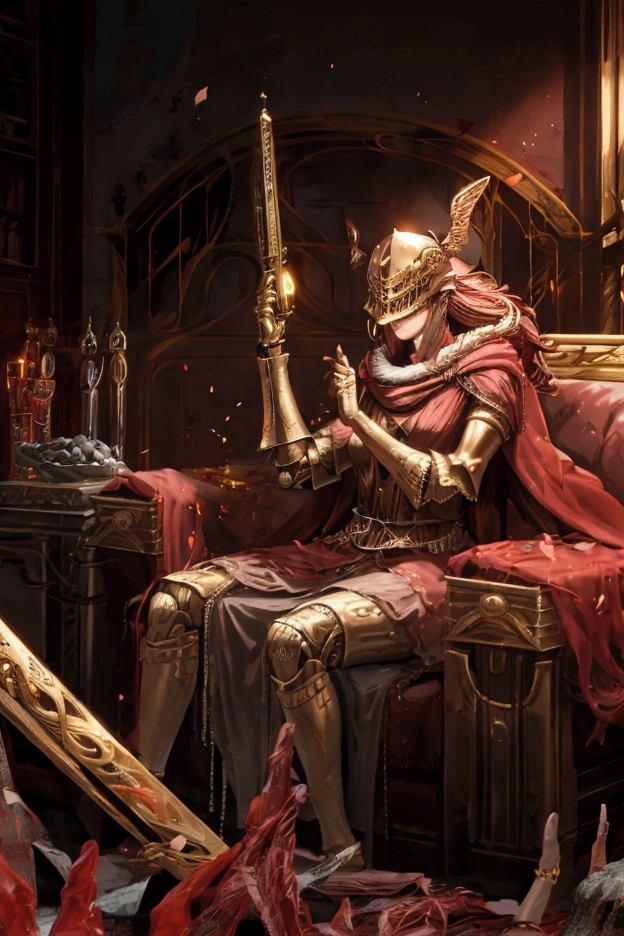 wide shot,score_9, score_7_up, lap pillow, lying, sitting, sofa,
Malenia, cursed_left_arm
winged helmet
red cape
malenia_blade
covered eyesarmor, cape, winged helmet, brown dress, red hair, covered eyes, helmet, fur trim, brown dress, red cape, armor, single scar on arm, single mechanical arm, LetMeSoloHer, pot helmet, topless male, 1boy, covered face,dw01-3400