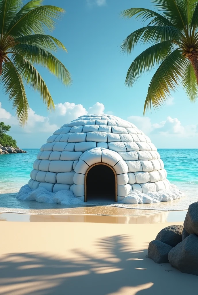Beach with an igloo in the middle