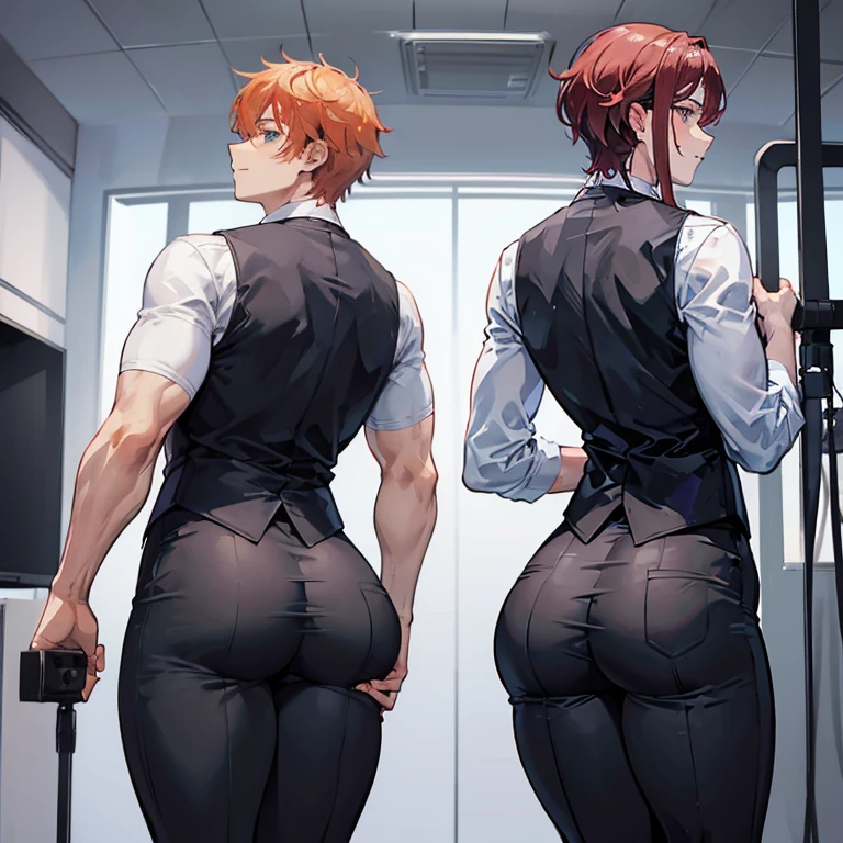 One Man, muscular, jocks, athletic, ginger, wearing suit vest clothes, big butt, huge ass, comically massive ass, bubblebutt, thick, thicc, thick ass, thick legs, thick thighs, huge butt cheeks, ass huge, showing butt to camera, smiling, looking back at camera, big booty, man booty, men with huge butts, men in suit vest clothes, showing off ass, absolutely massive butt, enormous ass cheeks in suit vest pants, full ass, wide ass, round ass, tight suit vest  pants, abnormally huge butt, unrealistically massive ass, Giant butt cheeks, giant butt, giant ass, dark dress pants, button down shirt, men, bodyguard, suit vest black, gay, fight some thiefs, suit vest black, night, naked, alone, shift night, man or boy, no girls
