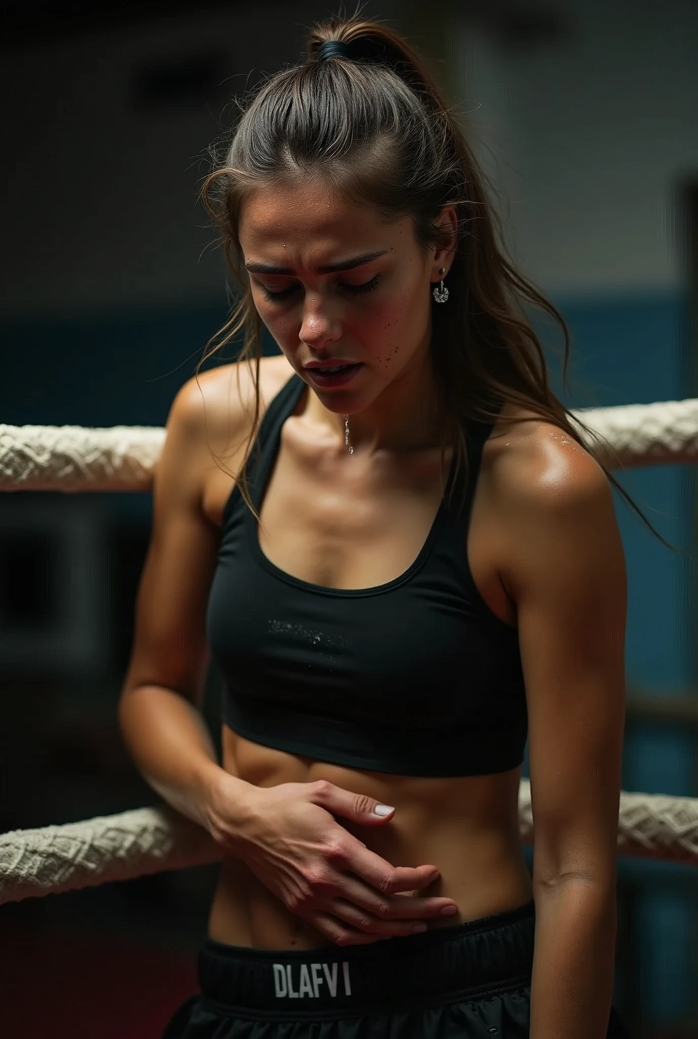 a very athletic pretty brunette sweaty woman boxer knee in the ring. She's tired and hurt after losing the fight. Lot of sweat on her body. She's breathing hard and vomit drop from her mouth. One of her hand is one her belly, another is over her head. She's wearing a black top. Her biceps are big and stain with sweat. Her armpit is shown, and also with lot of sweat
