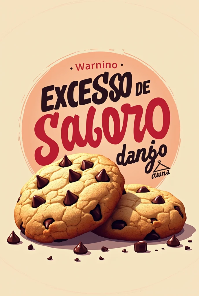 Create a crumble cookie logo with pastel and eye-catching colors, This logo is for chocolate chip cookies and should include a warning that says " do not eat...!" "excess of flavor" written in Spanish with large letters The image must show some delicious and appetizing cookies.