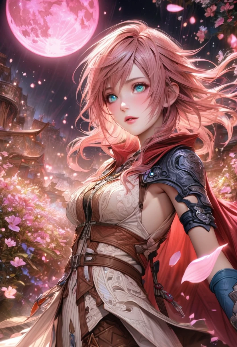 Ultra detailed, highres, absurdres, HDR, master piece, Claire Farron, wavy pink short hair, expressive pale aqua eyes, white dress with brown patterns, brown skirt, red cape, blue gloves, Lightning Farron, Final Fantasy XIII, pink flowers, petals, fireflies, pink moon, woman, solo, extremely beautiful, very detailed face and eyes, best quality, fantasy, magical, realistic face,