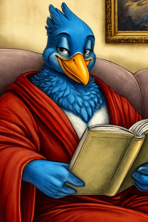 Anthropomorphic blue bird, large yellow and orange beak, wearing a red robe, Grinning, gazing at viewer, sitting on an antique sofa, reading a book
