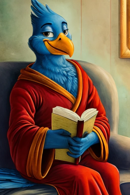 Anthropomorphic blue bird, large yellow and orange beak, wearing a red robe, Grinning, gazing at viewer, sitting on an antique sofa, reading a book
