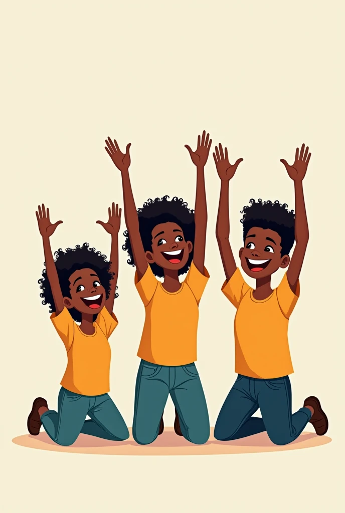 
Cartoons of three black people kneeling and raising their hands in praise with happy laughter. The cartoon should be more toy-like and funny looking
