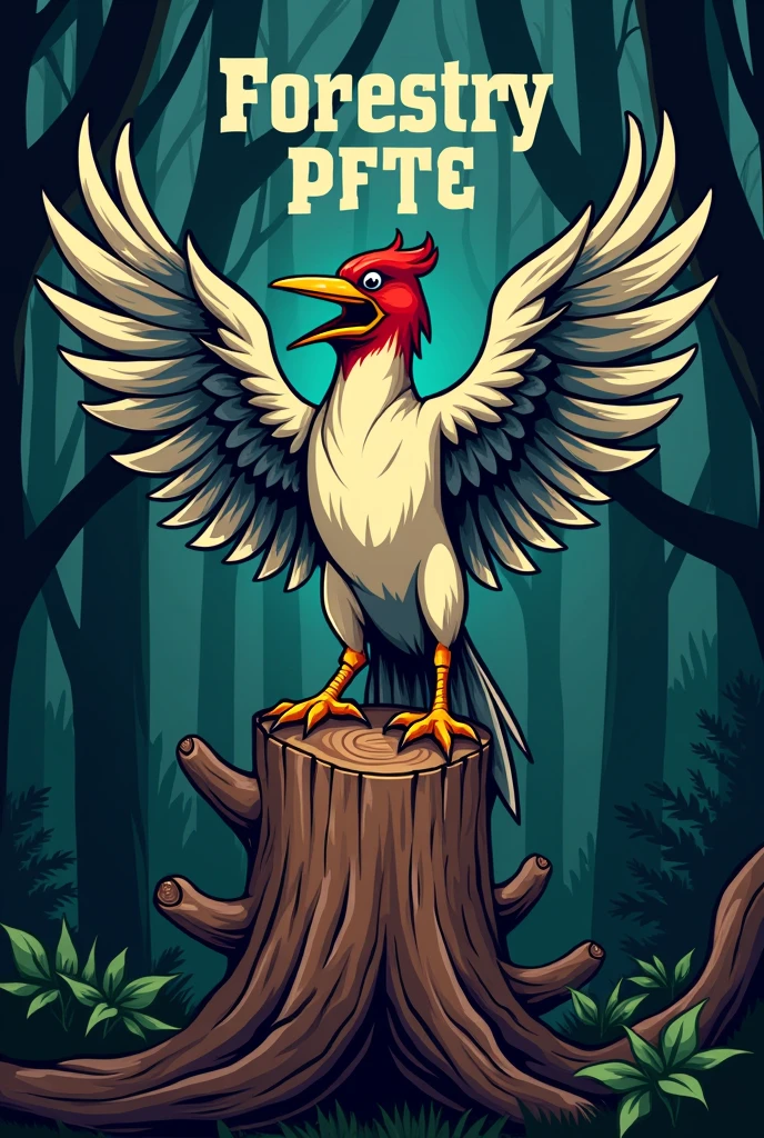 A cartoon illustration of a woodpecker, perched on a tree stump with its wings spread, with an aggressive visual, to be used as a vest patch for a forestry engineering athletic team. Put trees in the background and make an illustration in darker tones. The illustration must contain the writing "Forestry" above the woodpecker, and the writing "10 years of History" below the woodpecker
