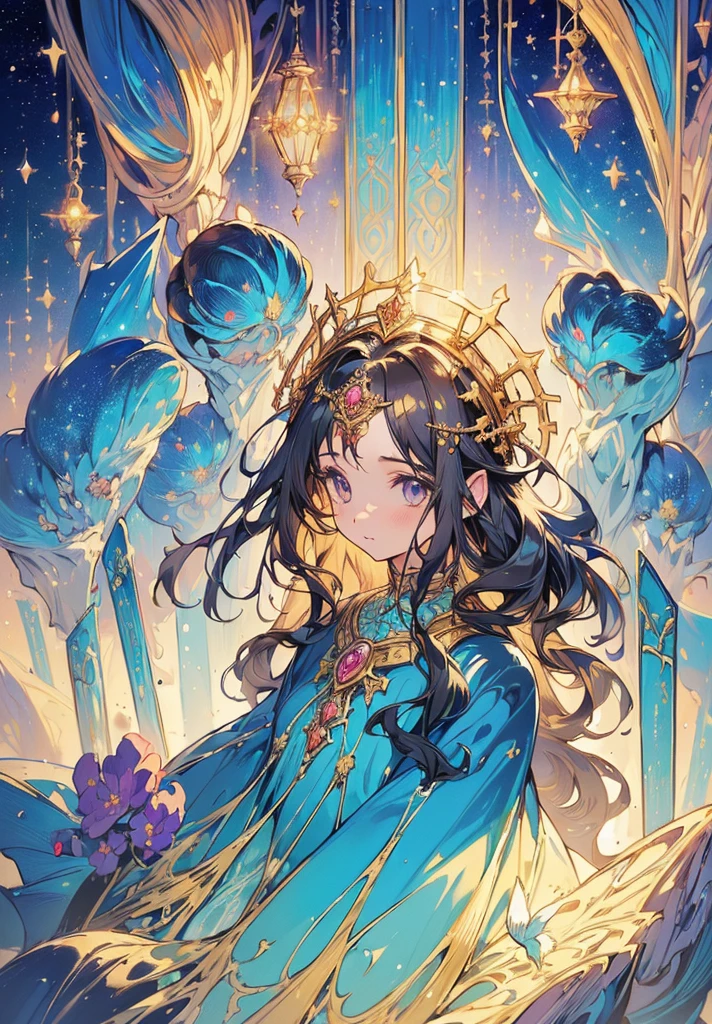 (high quality:1.4), (best quality:1.4), (masterpiece:1.4), official art, official wallpaper, surreal, beautifulgoddess, (1woman:1.1), (long wavy hair:1.1), (flower crown:1.1), (mystical creatures:1.1), (floating islands:1.1), (detailed landscape:1.1), (magic in the air:1.1), (stardust:1.1), night sky, (whimsical atmosphere:1.1), (dreamlike world:1.1), (bubbles:1.1), flying books, (luna moths:1.1), (moonlight:1.1), enchanted forest, (wisdom:1.1), (powerful energy:1.1), (guardian angels:1.1), (peaceful:1.1), vibrant colors, (detailed:1.05), (extremely detailed:1.06), sharp focus, (intricate:1.03), cinematic lighting, (extremely intricate:1.04), (epic scenery:1.09), vibrant colors, (beautiful scenery:1.08), (detailed scenery:1.08), (intricate scenery:1.07), (wonderful scenery:1.05),, (sharp focus,absurdres,high quality,masterpiece,highres,best quality:1.5)