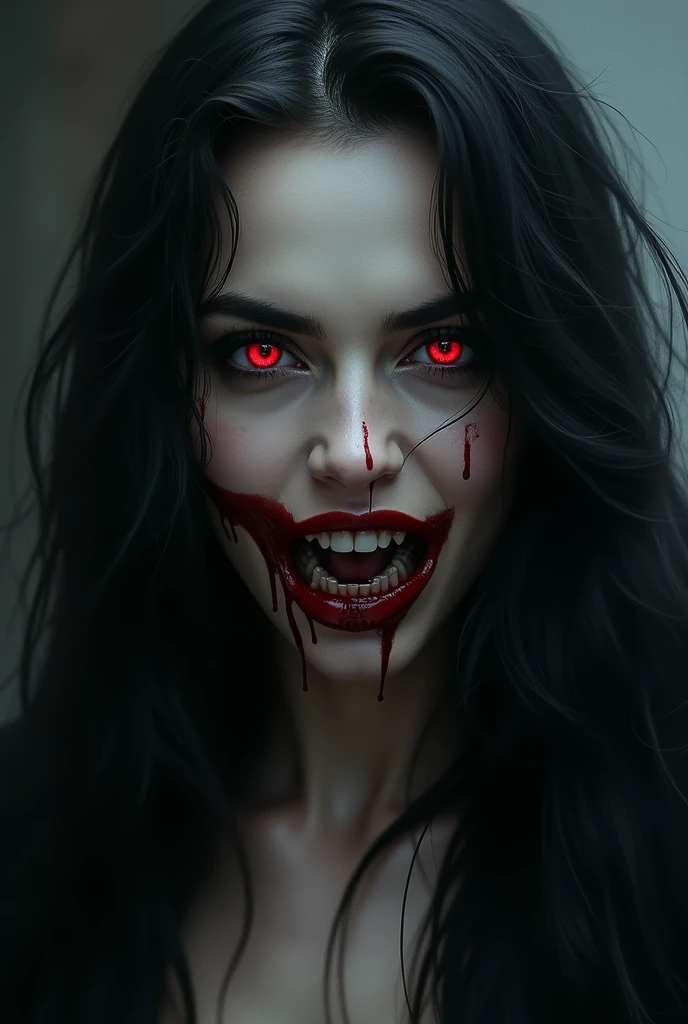 (photorealism 1.2) women adult long hair red eyes smokey effect dramatic face scary blood openouth fangs cinematics view