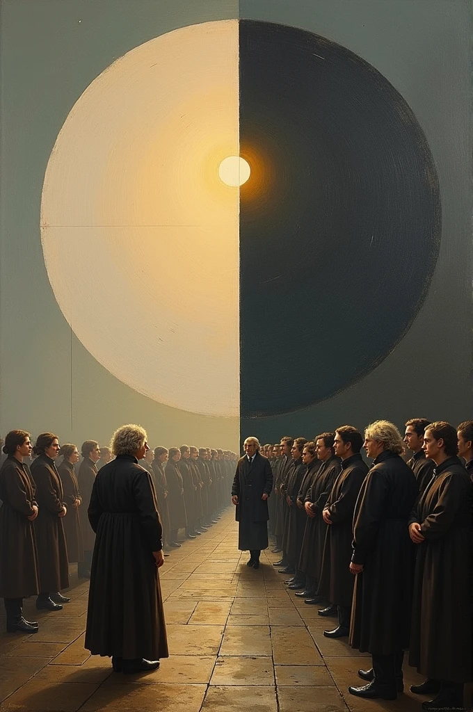 *A combination of Kant and Hegel:**
- **constructions:** A painting divided into two sections: a Kantian half with a reflective figure looking inwards, symbolizing moral introspection and the use of reason, and a Hegelian half with figures moving forward, representing historical progress and dialectics. Both sections connect in the center, showing how individual thought and universal history are intertwined.