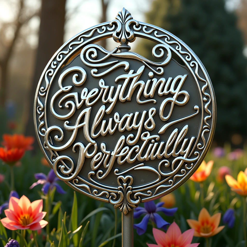 (text:"Everything Always Unfolds Perfectly") The words, in fancy script logo, direct bright lighting front face view, shiny polished chrome plated reflecting the ornamental garden surroundings on a spring day, calligraphy, art nouveau flowing shapes, logo, emblem, sign, photorealistic, extremely detailed, beautiful, colourful,unique, epic, cinematic,