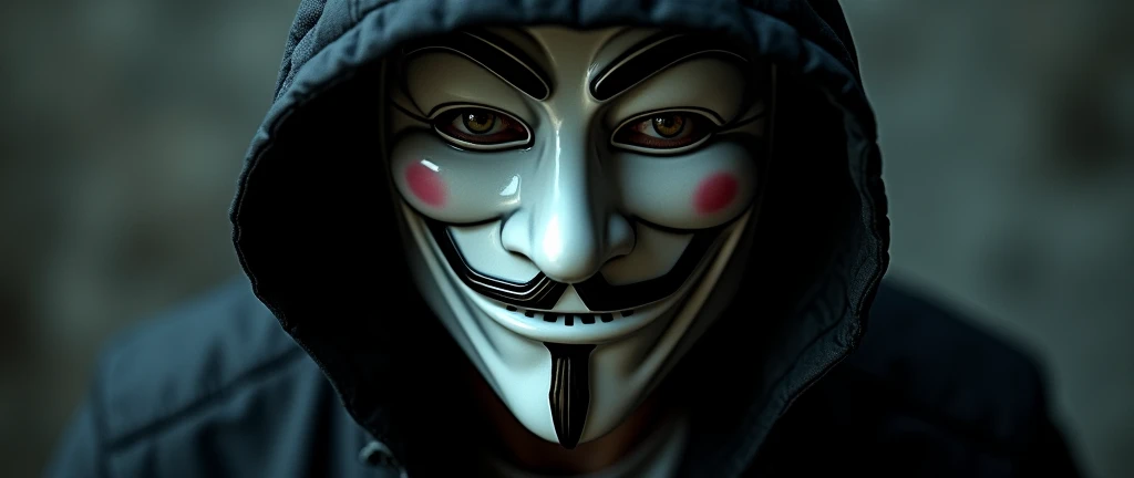 The face of a hacker wearing their Anonymous mask