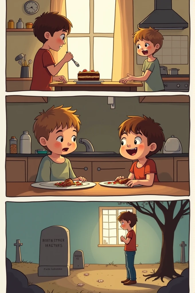 I&#39;m going to tell you a story and I want you to represent for each vignette the image that should go in vignette 1: A boy sitting at the table and his mother cooking a cake cartoon 2: the same boy eating the cake vignette 3: the same boy but young looking at his mother&#39;s grave vignette 4: the same young man looking at the kitchen with nothing in it vignette 5: the same young man looking at his mother&#39;s recipe book vignette 6: The same young man comes up with an idea vignette 7: The same young man looking from outside at his bakery, cartoon 8: A reporter interviewing the same young man, cartoon 9: the word end with a dessert on the side I want everything to be done in comic style please