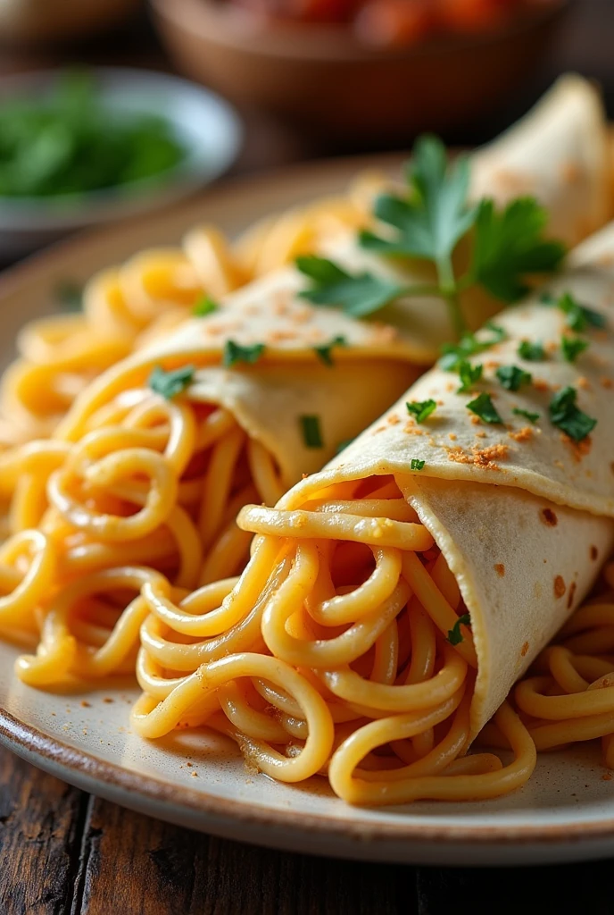 Fold pasta in tortillas with creamy garlic sauce

