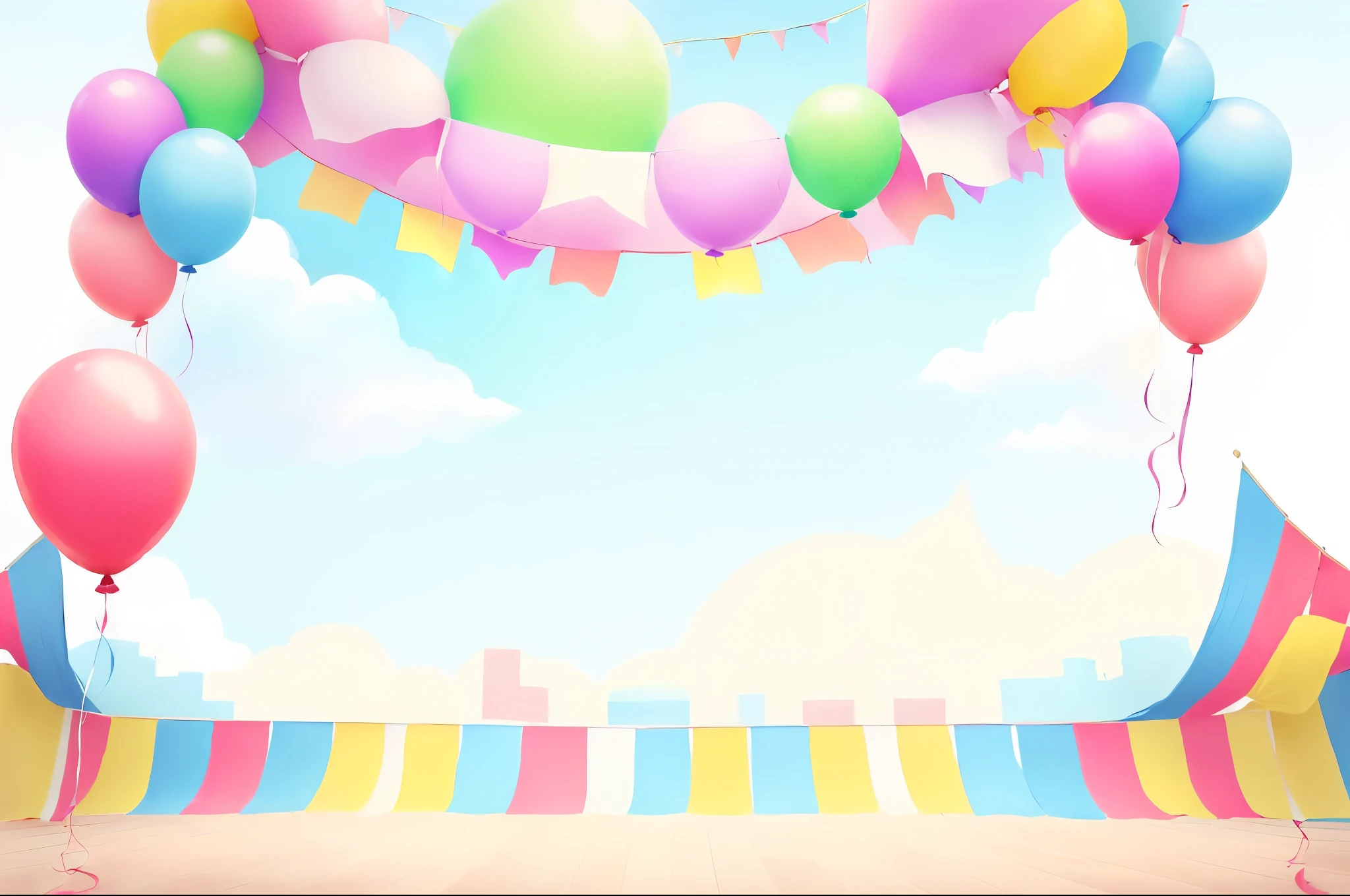 Close-up of a birthday card with balloons and flags, summer festival in background, background(solid), stage background, carnival background, Midsommar Color Theme, Wide Scene, basic background, Bright atmosphere, background colorful, on simple background, ballroom background, background image, iconography background, No text, Decorated height, Lighthearted celebration, Bright and happy atmosphere