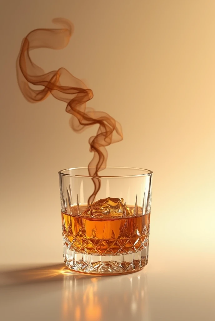 smaller short glass of wiskey with many cristal details and ice inside taking a realistic photo with beige background and in the air a brown tobacco outside of the glass without fire
