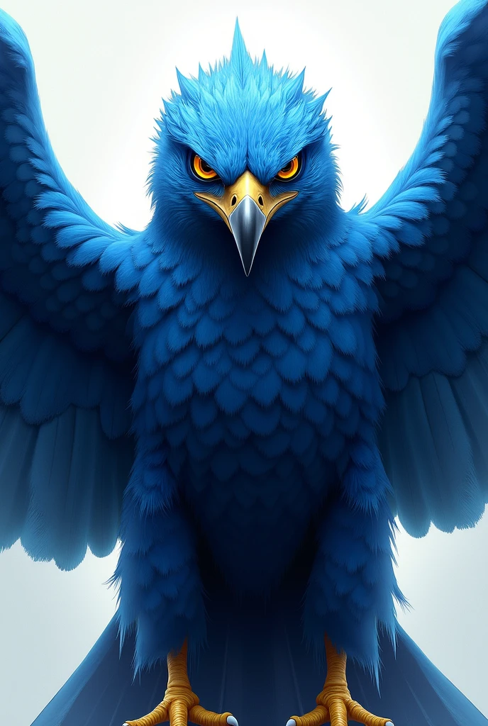 Blue hawk with open wings and a serious face 