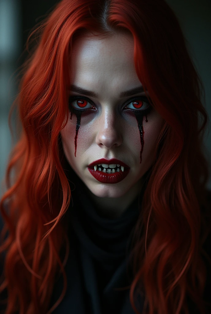 (photorealism 1.2) women adult long hair red eyes smokey effect dramatic face scary blood openouth fangs cinematics view