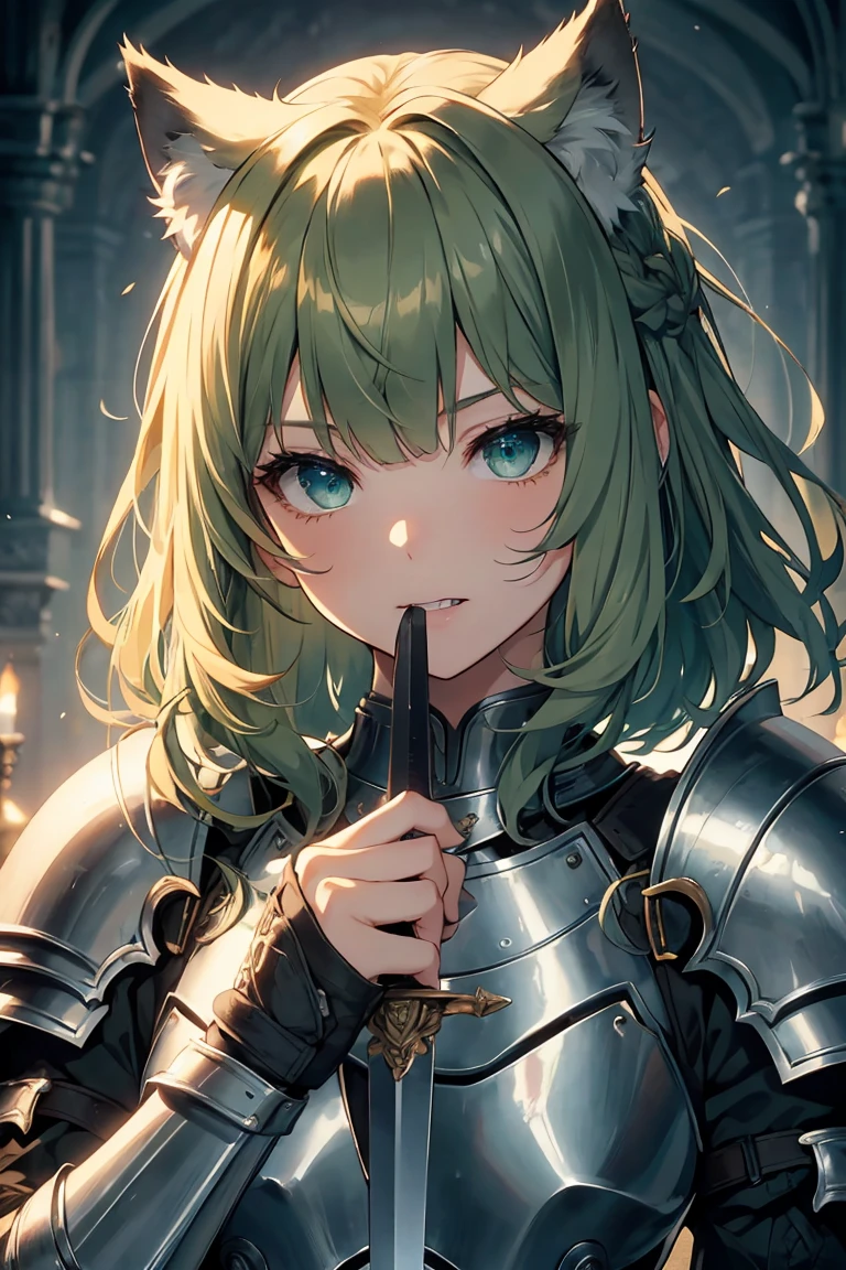 perfect eyes, soft light, high quality, 4k resolution, masterpiece, textured skin, high details, detailed face, detailed eyes, best quality, award winning, super detail, high quality, green hair, blunt bangs, messy hair, wolf ears, fangs, licking lips, Knight in metal armor, (gold shoulder pads), (Steel Sword)