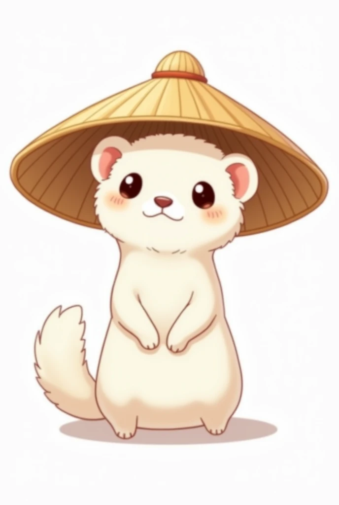 a chibi anime cartoon drawing of a white ferret wearing a Chinese straw hat, with white bands around the front legs and one around the neck.