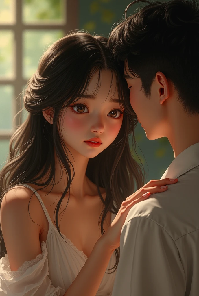(masterpiece, best quality), 1 boy and 1 girl,Hug face to face,The boy stands and supports the girl who runs towards him,Girl puts her arms around boy's neck,Girl flying,Girls have higher heads than boys,Feet off the ground,Dark brown messy hair,Sleeveless crewneck shirt. Short shirt,outdoor,open one's eyes,Night view,Camera looking down from the air,snow,Large snowflakes,Street Lights,Outside the concert,Short skirt, only,whole body,panoramic,Vision,Snowflakes also appear in the foreground,