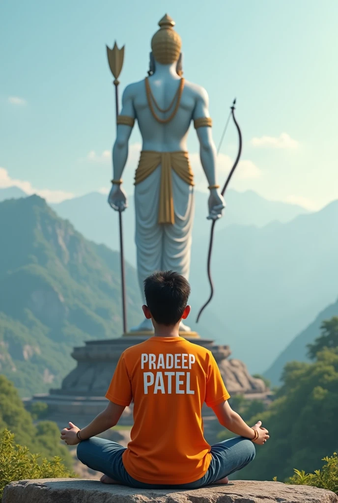 Create 3d image of a  boy sitting on mountain in prayer before the Shri Ram Statue, receiving blessings directly from the statue and statue hanging arrow and bow on his backside. The overall image should exude aesthetic charm, with a scenic background, and the boy should be adorned in a saffron T-shirt proudly displaying the name "PRADEEP PATEL" in bold white letters.