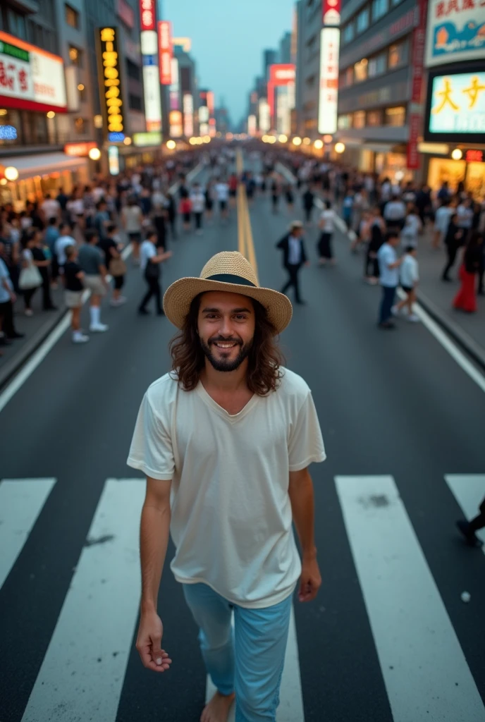 View from above. Jesus Christ walking across the Shibuya Scramble Crossing. He looks smart and smart and has fun and smiles. His face conveys deep wisdom and empathy, exuding warmth and understanding. They are wearing white T-shirts, jeans and straw hats. Jesus of Nazareth is depicted as a gentle, gentle man with shoulder-length hair. His wavy brown hair flows over his shoulders. he is shining At the intersection, the neon lights of the buildings where many Japanese people come and go are shining. night. Photography, highly detailed, trending at the art station, sharp focus, studio shot, intricate details, Greg Rutkowski,