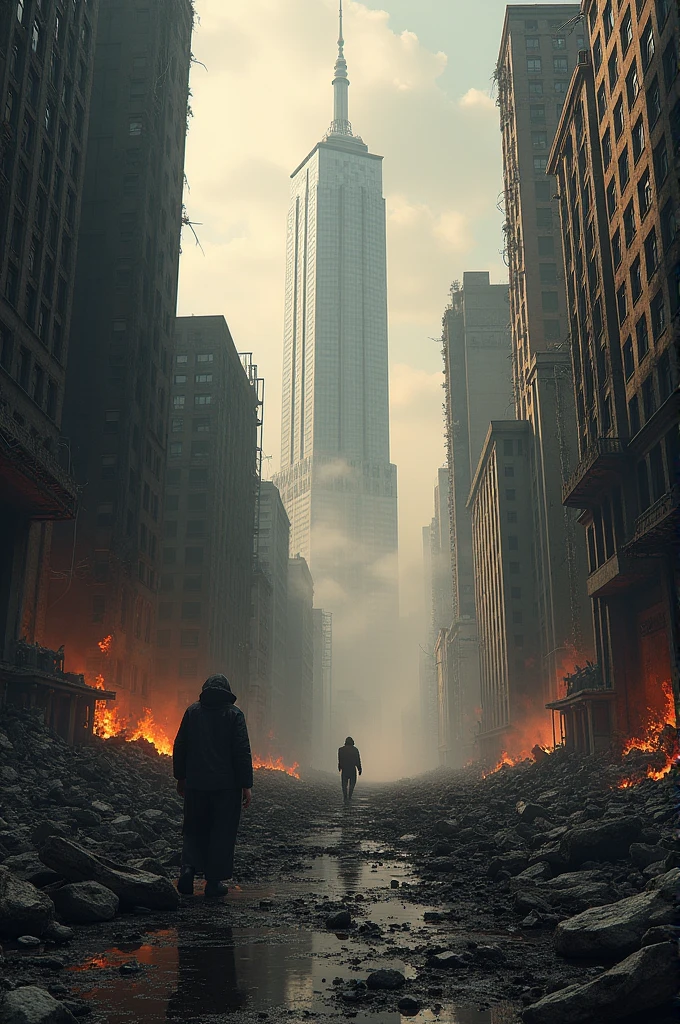 Destroyed city and building and burned
