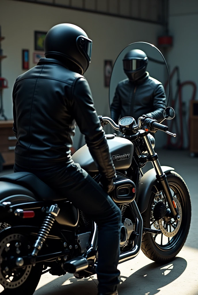 A motorcyclist looking at himself in a mirror