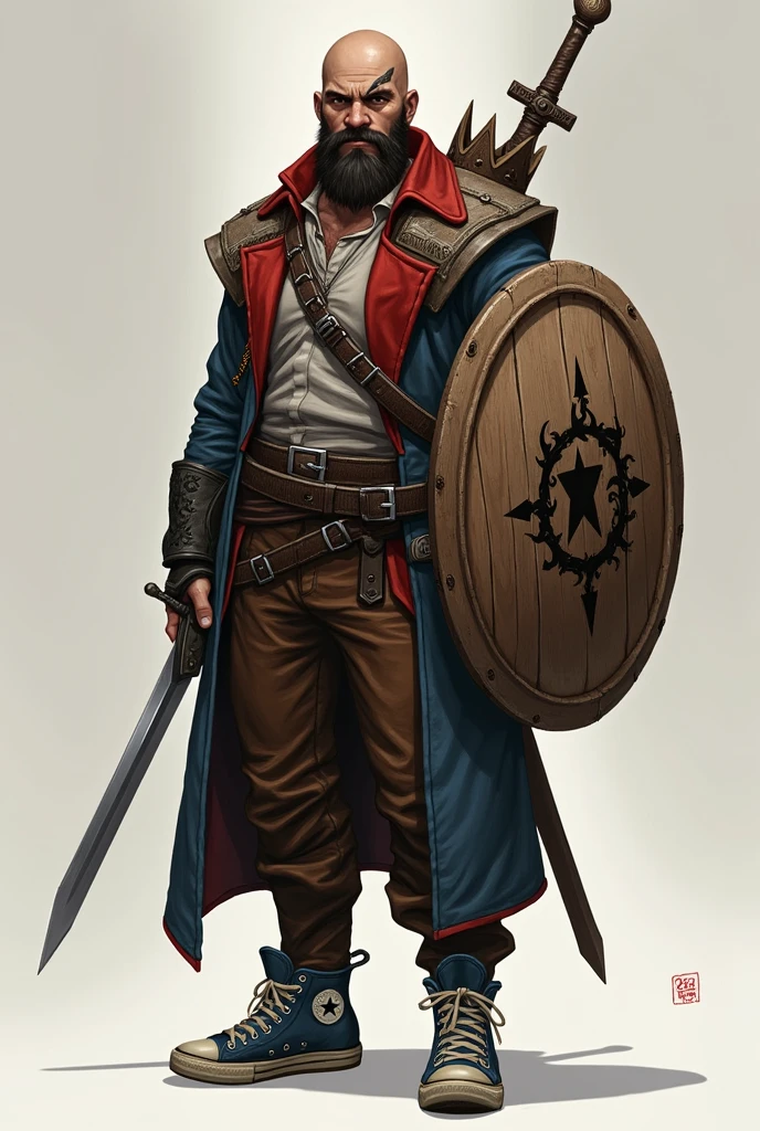 A bald man with a scar on his head that goes from ear to ear, it sits at the front. He is bearded with an athletic build, has thick eyebrows and a piercing gaze. His attire is an overcoat with red and light blue parts, and he wears brown pants with ALL star sneakers., At your waist you have a sword and on your left shoulder a shield ( skateboarder style) On your back you have a symbol of a wooden crown around it with thorns