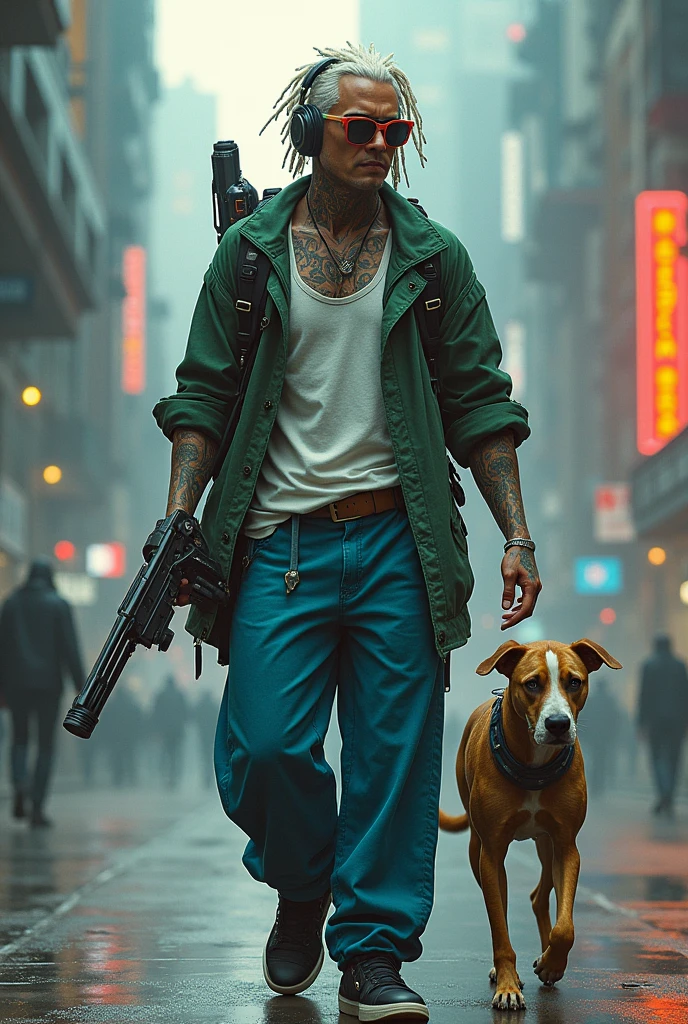 Create a cyberpunk-style man with human and robotic parts wearing reading glasses, headphone, dreadlock brancos, blue wide leg jeans, White tank top, green coat, a pair of black sneakers and tattoos. Atlético with a backpack on his back and carrying pistols, accompanied by a dog with robotic parts

