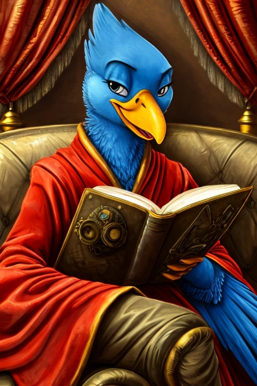 Anthropomorphic blue bird, large yellow and orange beak, wearing a red robe, Grinning, gazing at viewer, sitting on an antique sofa, reading a book, sala steampunk