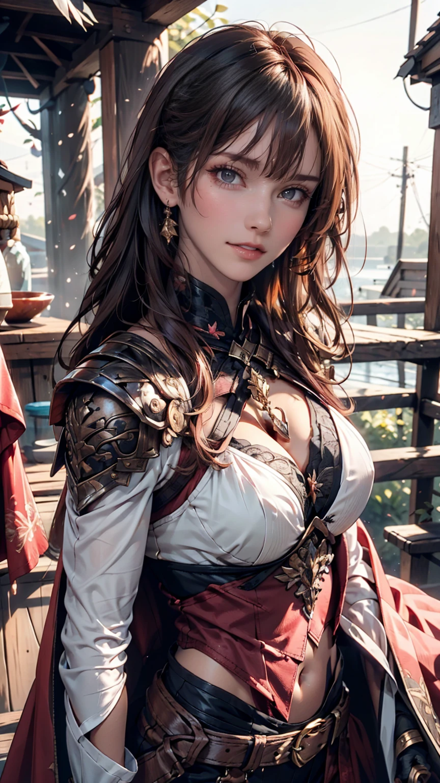 Lapisfe, One person, alone, View your viewers, blush, bangs, gloves, Upper Body, Braiding, hair band, Outdoor, Lips parted, null, Day, Raise your hand, Pink Eyes, armor, wood, Covered navel, Blurred Background, Place your hand on your chest, shoulder armor, side Braiding, breastplate, red armor