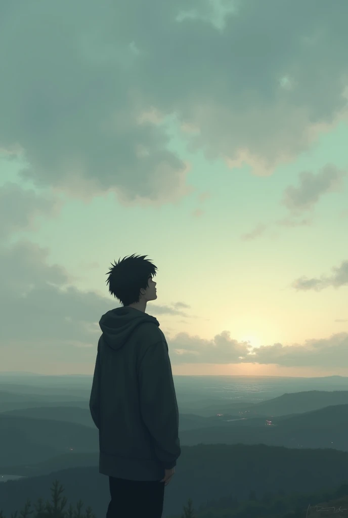 lonely, pensive on a slightly cloudy night while looking at the horizon