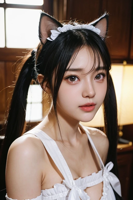 One person, Black Hair, Twin tails, Cat ear, Sticking out tongue, Backlight, Lens flare, high quality, High resolution, Textured skin, chest, Sparkling eyes, Afterimage, Overexposure, Background blur, 8k octane, Portrait Photography, Maid clothes,maid Cafe,Japanese beautiful girl,Absolute area,
