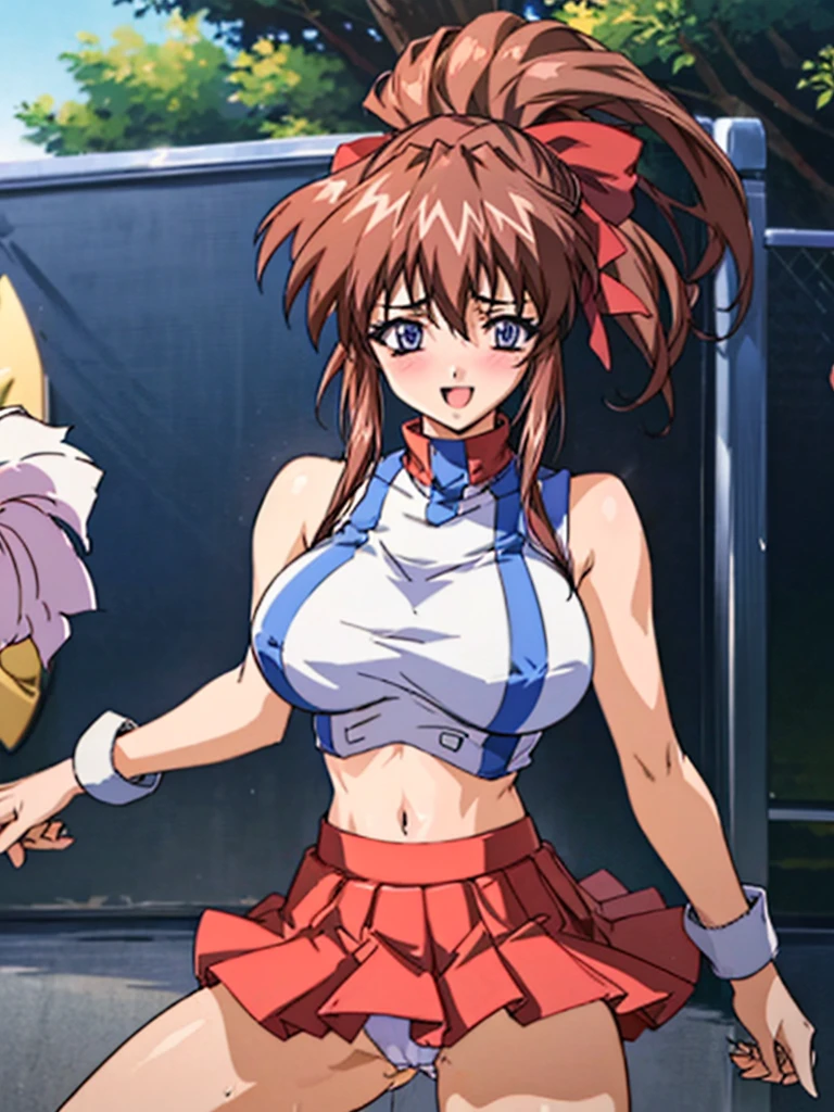 (Anime artwork, Anime Style, Studio Anime, Very detailed, Latest, Vibrant, Anime Coloring Book, High Contrast, masterpiece:1.2, Highest quality, Best aesthetics), (Beautiful and detailed:1.2), Aoi Tennis, 1 personで, 1 person, (cheerleader:1.3), (pleated skirt:1.3),(stripe crop top:1.2), sleeveless shirt, large breasts,(under boob:1.1),miniskirt, thighs,short hair,two side up, hair ornament, holding pom poms,(panties,cameltoe:1.1),(sweat:1.1),Wet,smile,open mouth,(dancing,outdoors:1.3), It's not a tennis uniform., It's not a leotard., Not a swimsuit, blush, Lips parted, Looking at the audience,Dynamic Angle, Asymmetrical bangs, Perfect Proportions, Skin with attention to detail, cute, Detailed face,