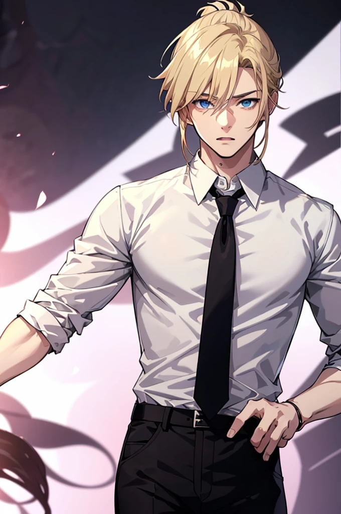 anime attractive man, muscular, 20 year old, blond hair in a very, very short ponytail, black pants, white button down with a tie. No jacket. High resolution. Masterpiece. Solo. White button down shirt, untucked, no suit,