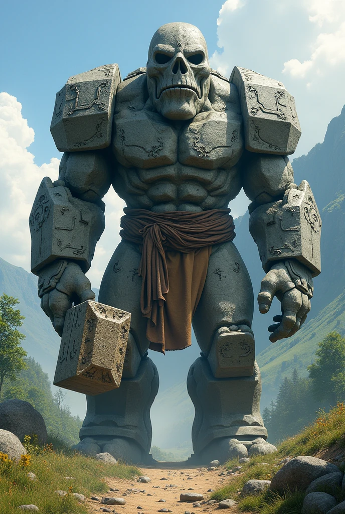 Make a stone golem ,Wearing villager clothes, while holding a 2-meter high volcanic stone mallet 