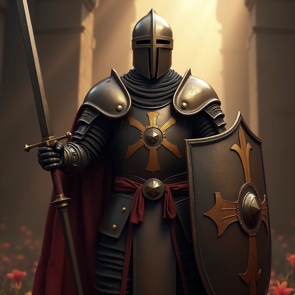 Templar knight in full armor with sword and shield, Very detailed, 8k, Global Illumination, Wide-angle, God&#39;s Rays